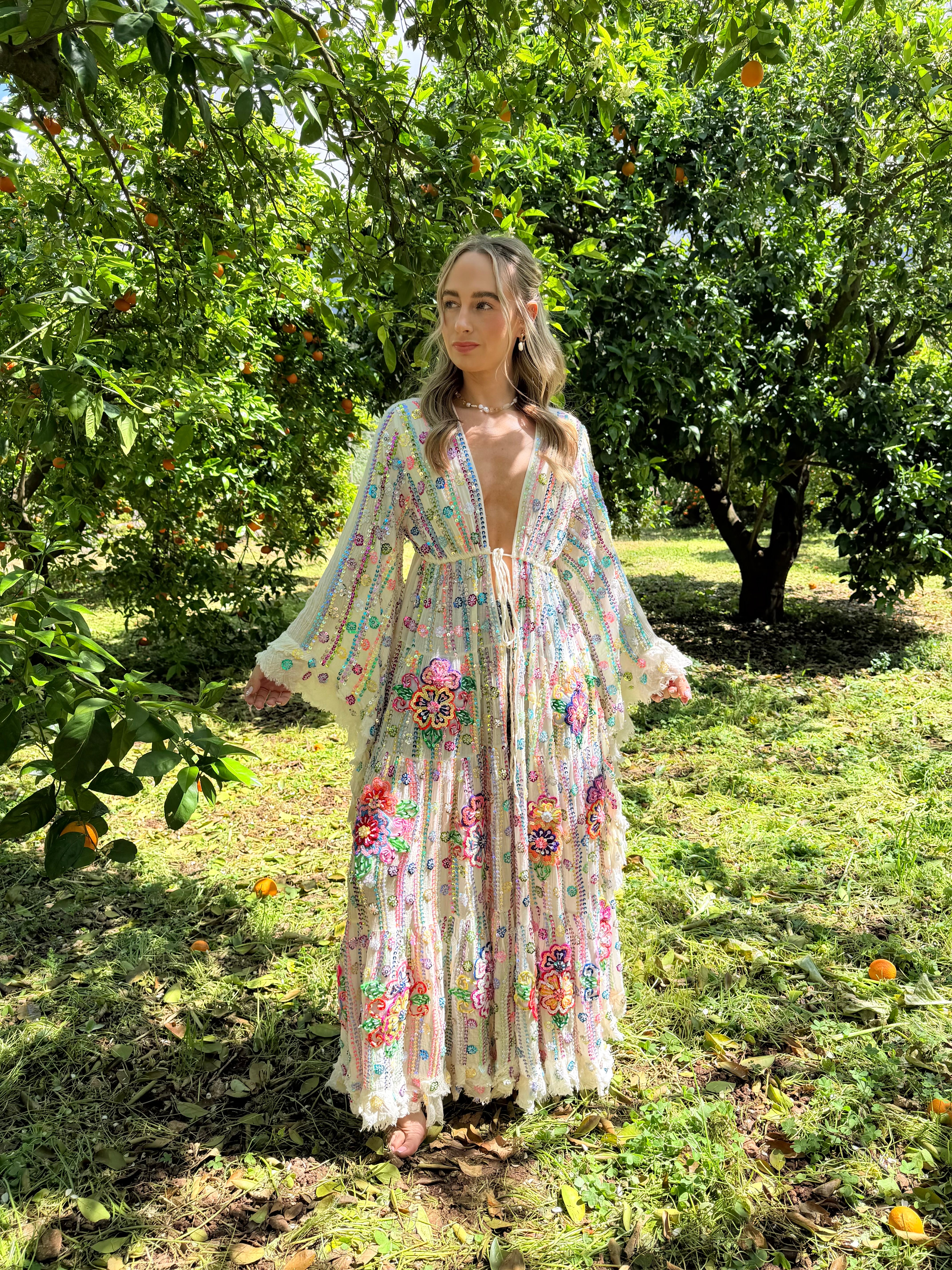 Gypsy Soul Maxi Kimono Ruffle Jacket in Cream