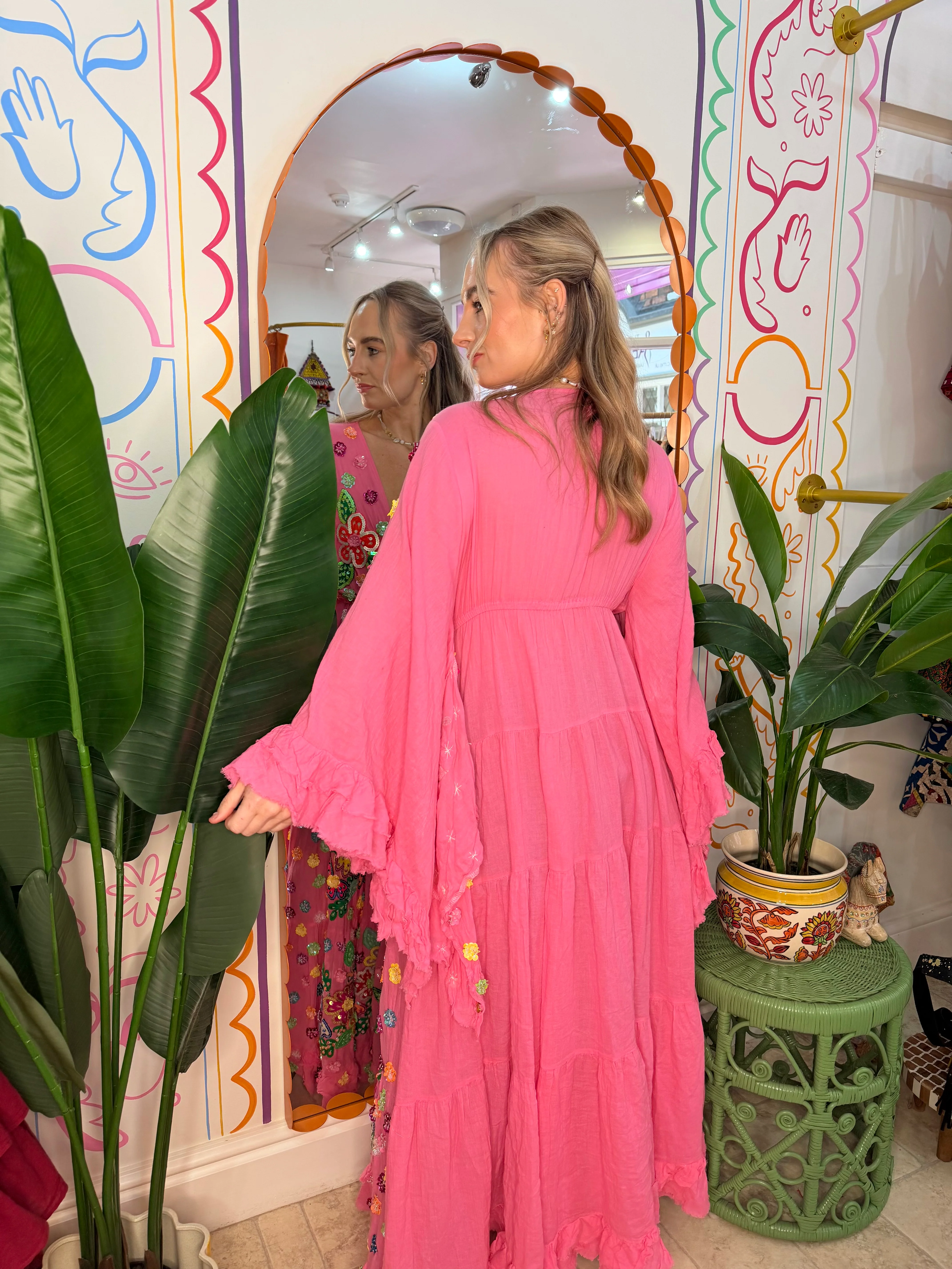 Gypsy Soul Maxi Kimono Ruffle Jacket in Pink - Image 3