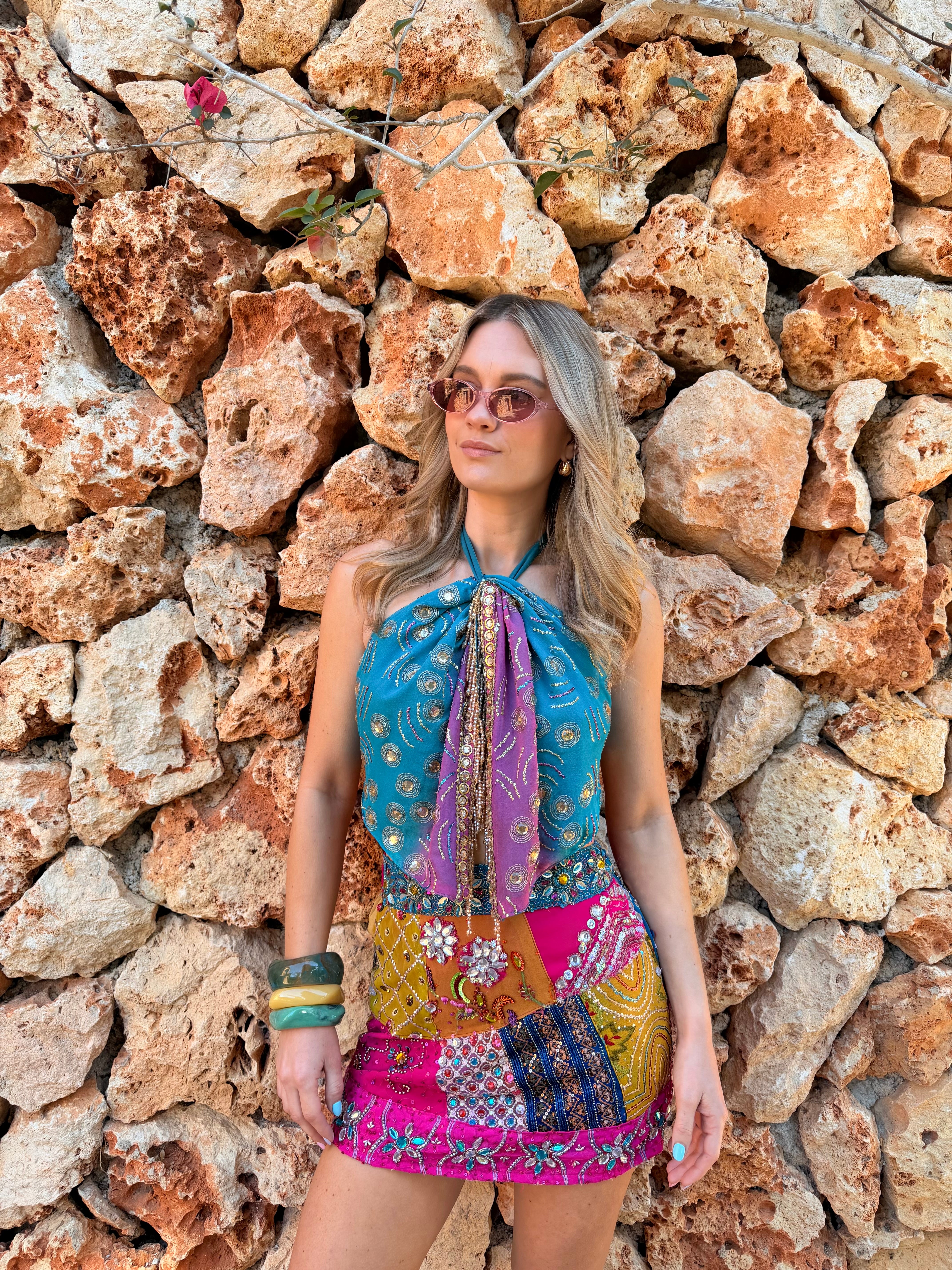 Ibiza Sari Mini Wrap Top in Blue & Pink