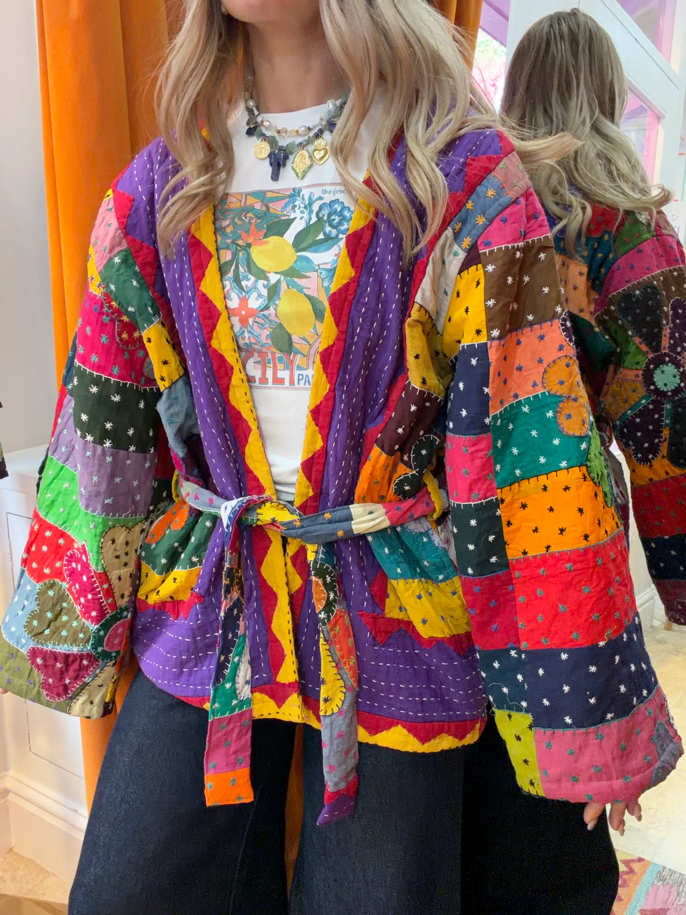 Kantha Flower Stitch Kimono Jacket - Image 3