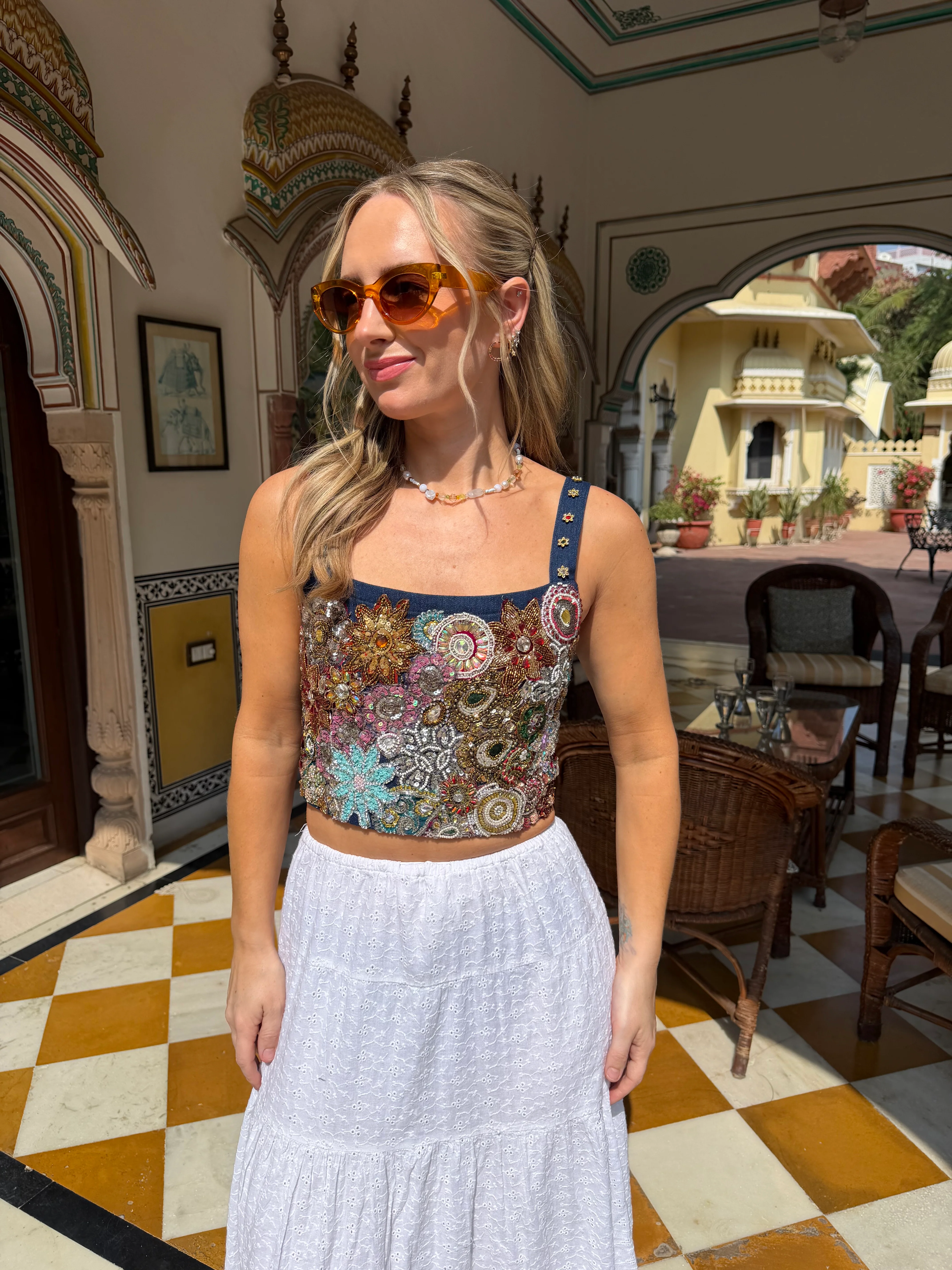 Vintage Embellished Bloom Denim Top